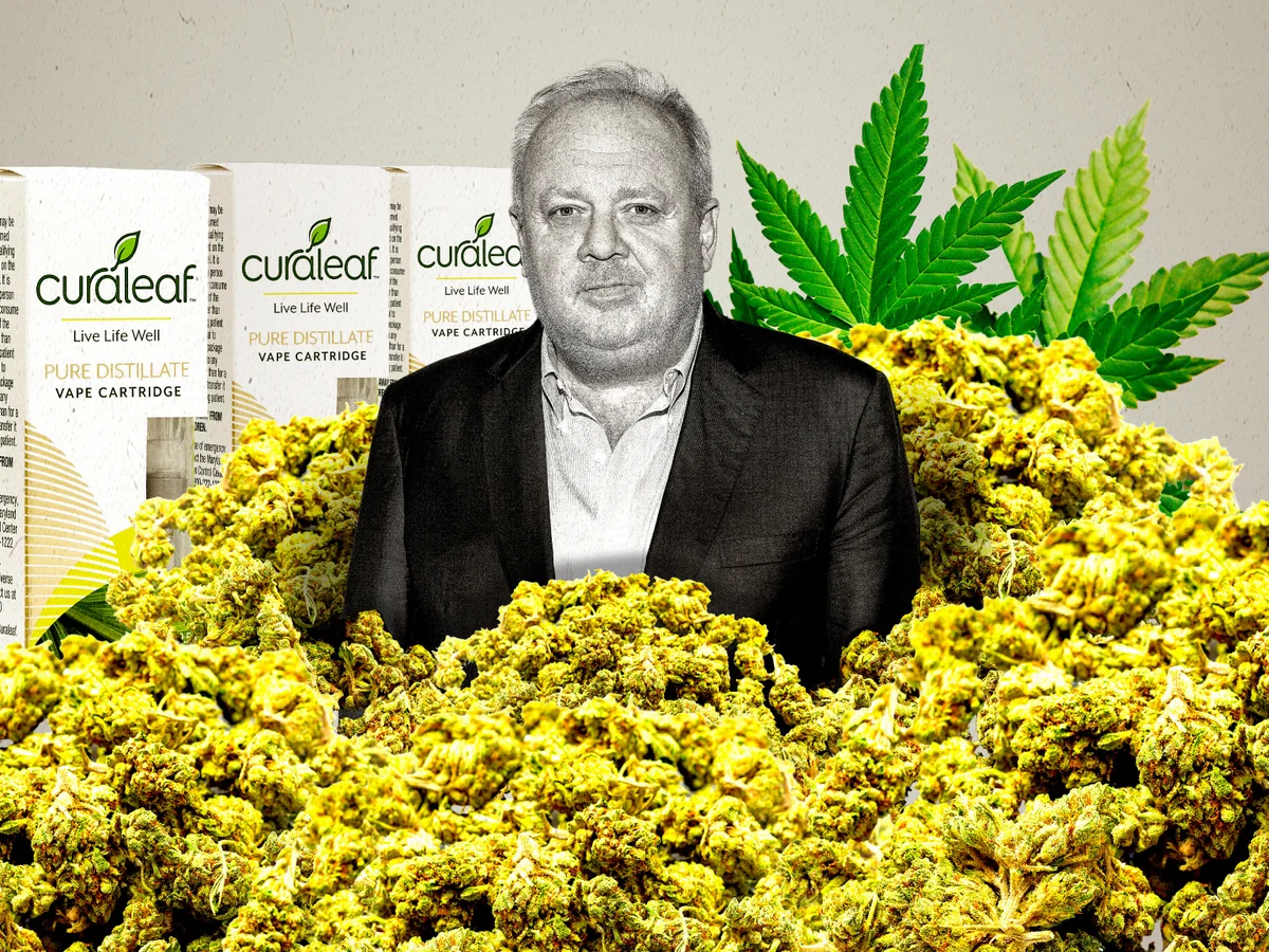 Editorial composite showing Curaleaf chairman and CEO Boris Jordan with cannabis flower and Curaleaf products