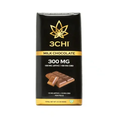 3CHI Delta-9 THC milk chocolate bar package labeled 300 mg