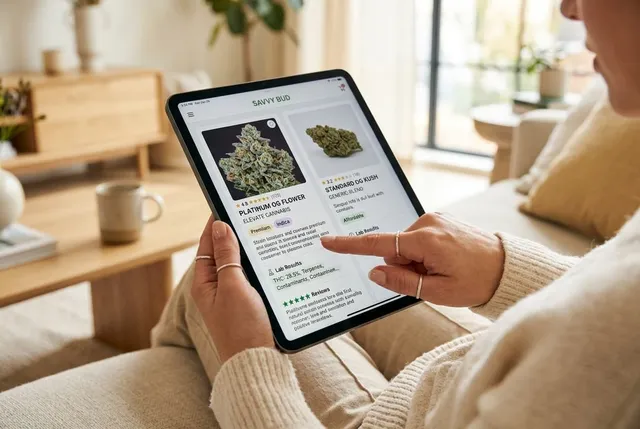 A person browsing cannabis flower product listings and lab results on a tablet