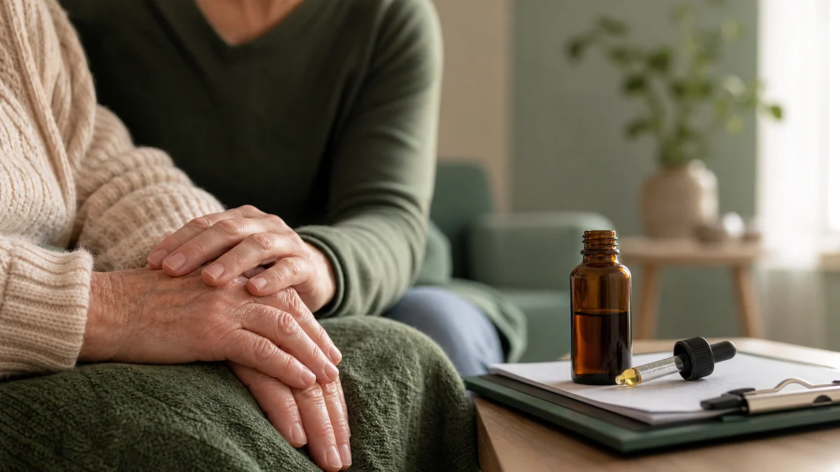 A caregiver holding an older adult's hands beside an unbranded oral-oil bottle and research clipboard