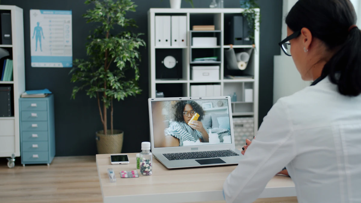 A physician conducting a telemedicine consultation