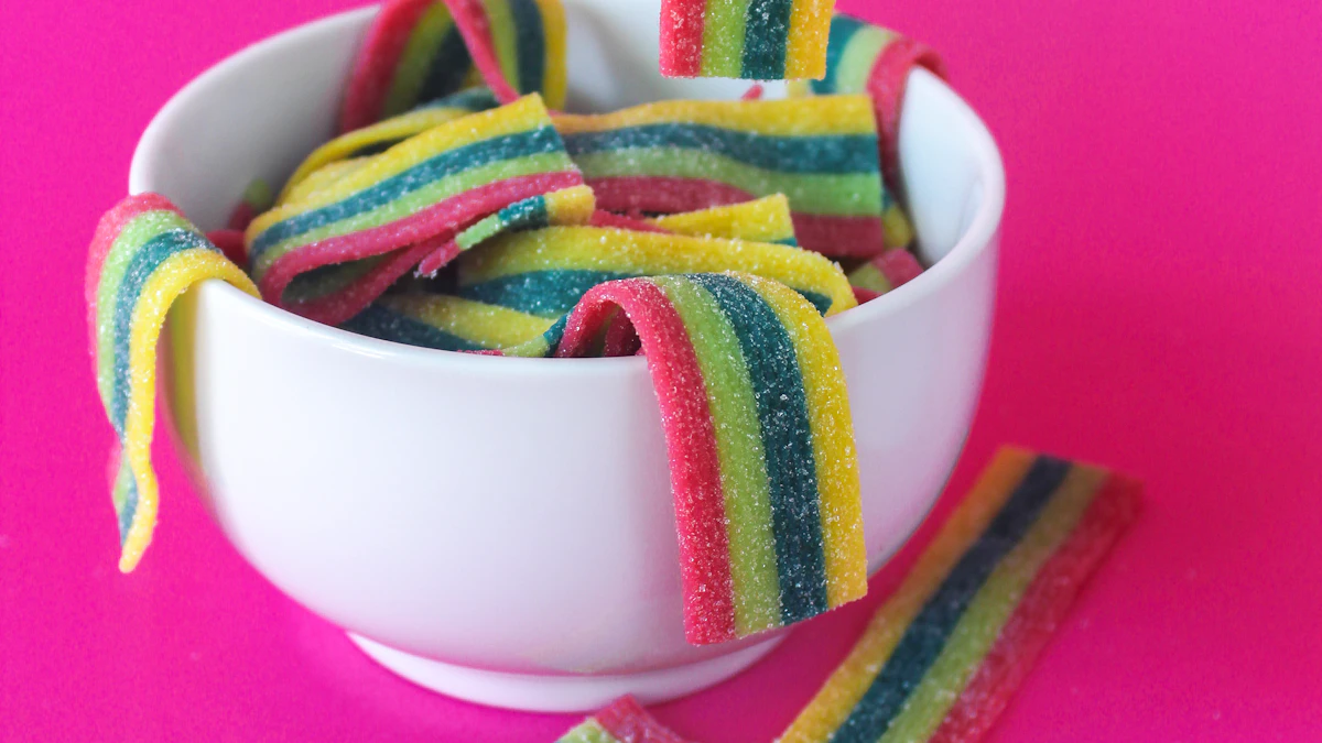 Colorful candy belts arranged in a bowl
