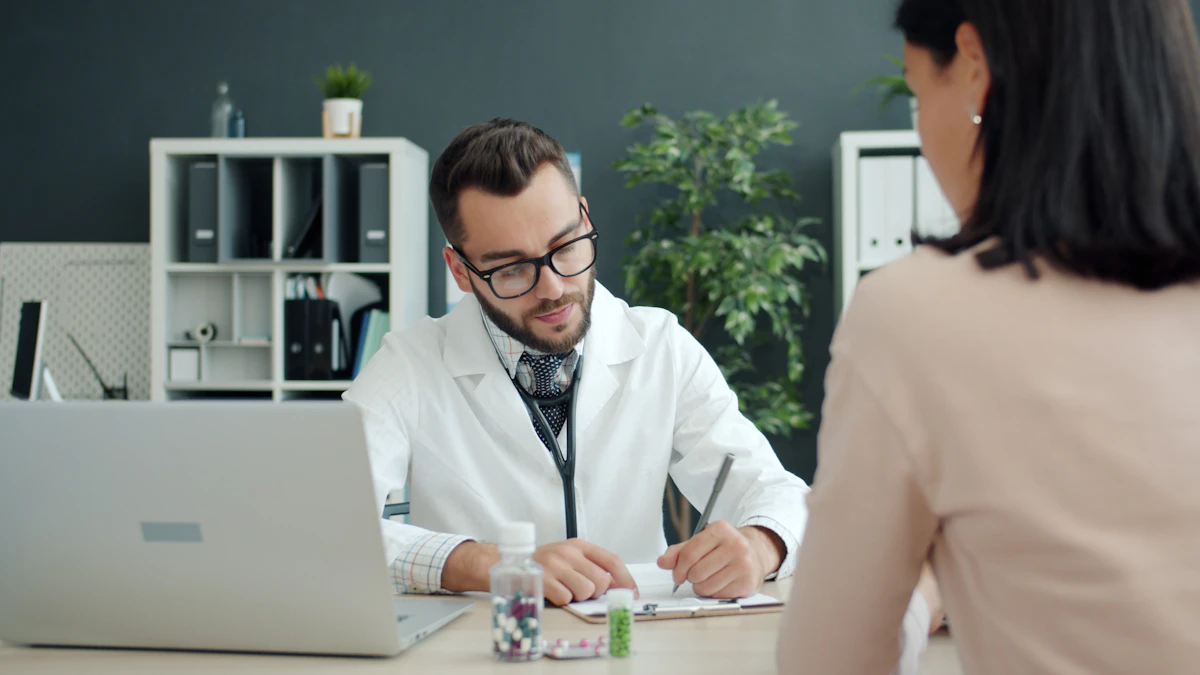 A clinician reviewing a medical chart during a consultation