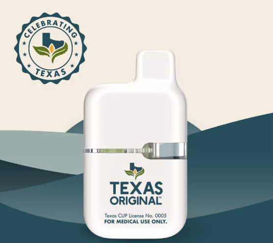A white Texas Original all-in-one medical cannabis vaporization device against a Texas landscape illustration
