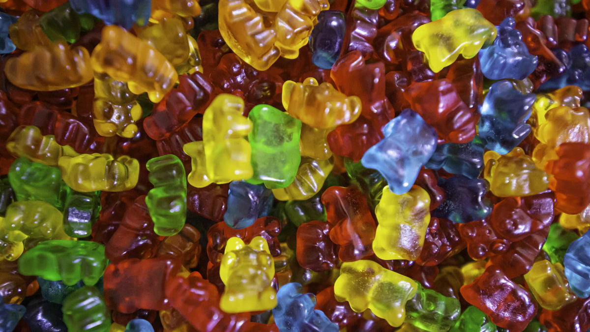 Assorted gummies photographed in close detail