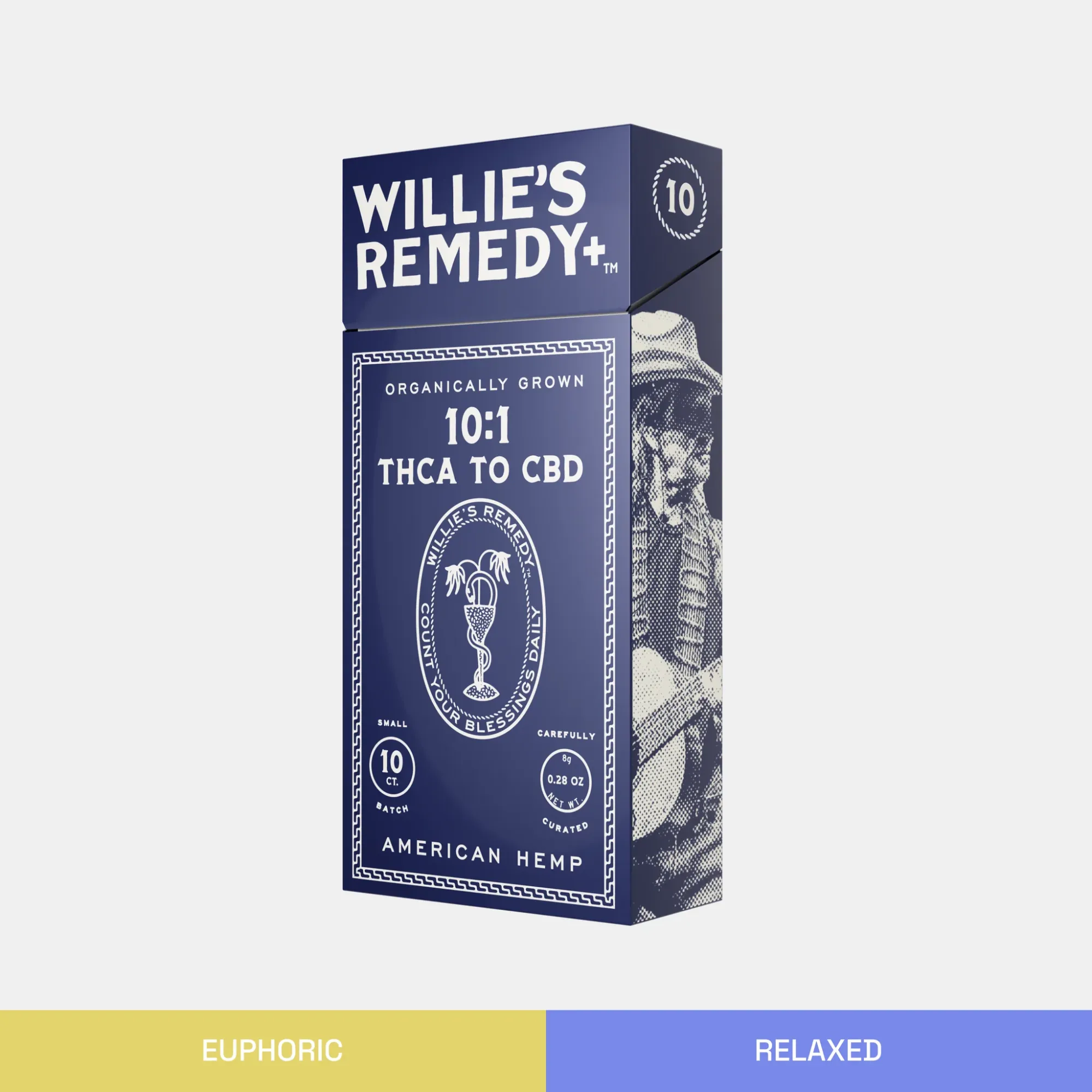 A Willie's Remedy+ 10:1 THCA-to-CBD smokes pack of 10 in a blue cigarette-style box