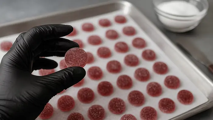 A gloved hand holding a red gummy above trays of freshly made gummies