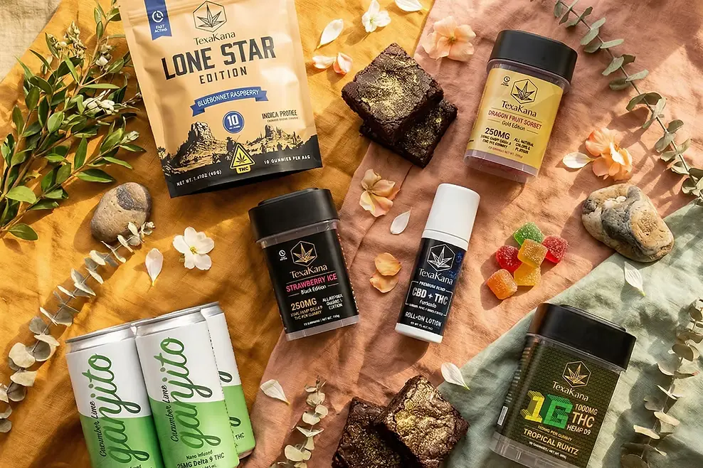 TexaKana Organics gummies, Space Cake brownies, Cannatails drinks, topical, and other products arranged together